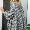 Women's Black Checkered Puff Sleeve Tiered Loose Babydoll Blouse - Image 2