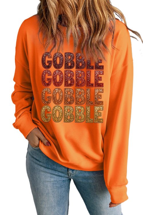 Women's Orange Thanksgiving GOBBLE Print Round Neck Pullover Sweatshirt
