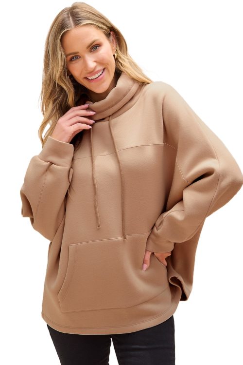 Women's Light French Beige Drawstring Turtleneck Dolman Sleeve Sweatshirt