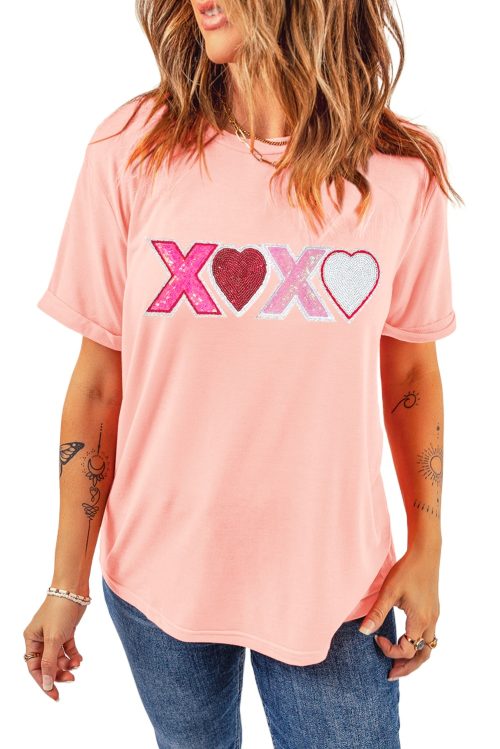 Women's Pink Sequin Heart XOXO Patched Graphic T-Shirt for Valentine's Day
