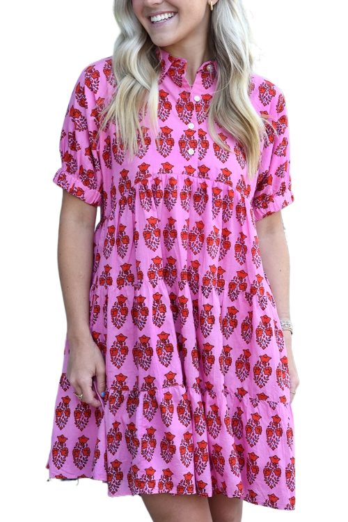 Sachet Pink Floral Print Short Sleeve Flowy Dress with Multi Buttons