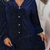 Women's Navy Blue Plus Size Textured Velvet Tiered V Neck Dress - Image 14