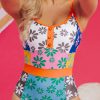 Women's Orange Floral Colorblock Spaghetti Strap Teddy Swimsuit with Padded Shelf Bra - Image 9