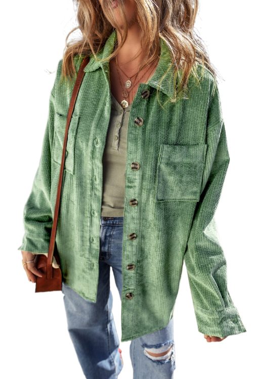 Women's Mist Green Corduroy Patched Pocket Button Up Shacket