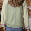 Women's Meadow Mist Green Waffle Knit Patchwork Raglan Top with Wide Bracelet Sleeves - Image 7