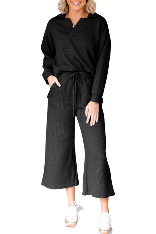 Women's 2-Piece Set: Black Solid Textured Collared V Neck Top and Wide Leg Pants