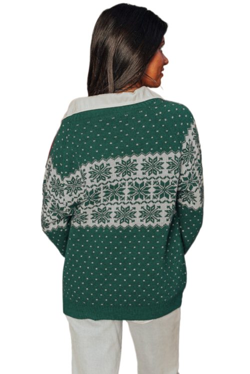 Women's Plus Size Green Christmas Snowflake Pattern Drop Shoulder Sweater