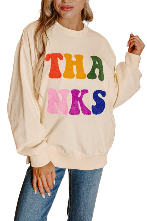 Thanks Chenille Embroidered Graphic Apricot Sweatshirt