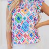 Women's Light Blue Geometric Printed Flutter Sleeve Mock Neck Shirred Blouse - Image 8