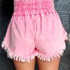 Women's Pink Washed Denim Shorts with Wide Smocked Waistband and Frayed Hem - Image 2