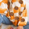 Women's Halloween Sweater - Grapefruit Orange Sequined Pumpkin Checkered Puff Sleeve - Image 2