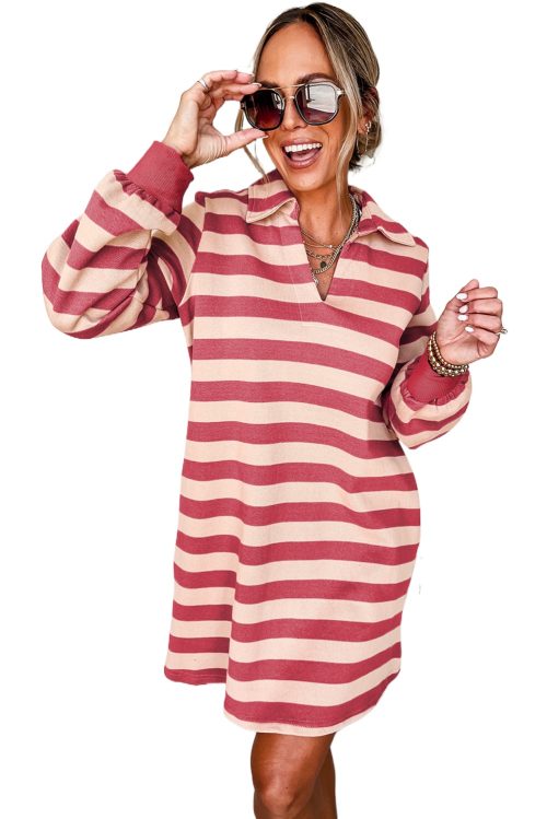 Women's Pink Stripe Collared V Neck Long Sleeve Casual Dress with Pockets