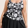 Black Plus Size Printed Square Neck Drawstring Ruffled Tankini Set for Women - Image 11