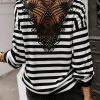 Women's Elegant Black Stripe Crochet Hollow-Out Back V Neck Top with Buttoned Shoulders - Image 2