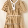 Chic Pale Khaki Puff Sleeve Tied Neck Short Dress with Contrast Trim - Image 3