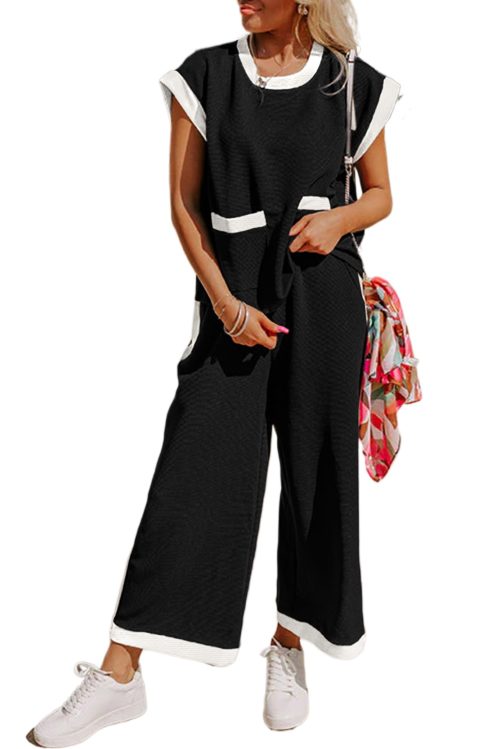 Women's Black Color Block Pocketed T-Shirt and Wide Leg Pants Set