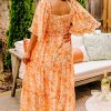 Women's Orange Floral Print Smocked V Neck Wide Sleeve Maxi Dress for Summer - Image 2