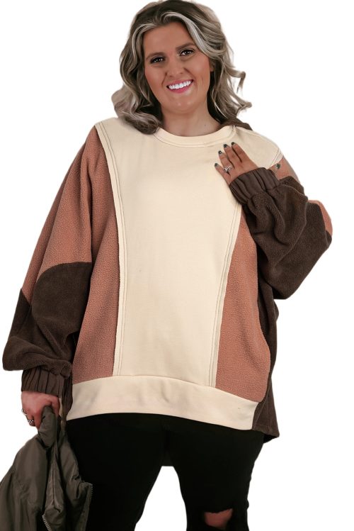 Plus Size Brown Colorblock Hoodie with Exposed Seams