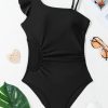 Women's Elegant Black Asymmetric Ruffle Shoulder Pleated One Piece Swimsuit - Flattering Bodycon Design - Image 11