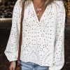 Elegant White Eyelet Embroidered Puff Sleeve V Neck Blouse for Women - Image 7