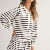 Women's Black and White Stripes Printed Half Button Long Sleeve Top and Shorts Set - Image 3