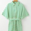 Women's Green Stripe Textured Short Sleeve Collared Buttoned Waist Tie Romper - Chic & Casual Style - Image 7