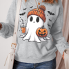 Women's Gray Halloween Ghost Print Crewneck Drop Shoulder Sweatshirt - Image 8