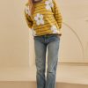 Women's Cozy Yellow Stripe Daisy Floral Round Neck Sweater for Winter - Image 7