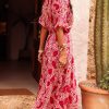 Women's Red Paisley Print Puff Sleeve High Waist Maxi Dress with Side Slit - Image 2