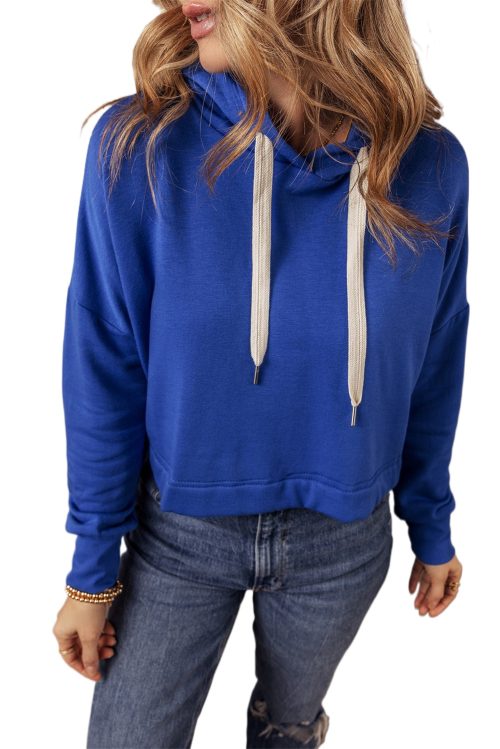 Women's Dark Blue Drop Shoulder Cropped Hoodie with Drawstring