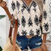 Women's Beige Vintage Geometric Printed 3/4 Sleeve V Neck Blouse - Image 8