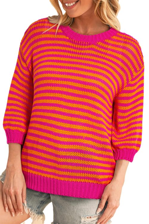 Chic Women's Rose Stripe 3/4 Puff Sleeve Drop Shoulder Sweater