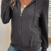 Women's Dark Grey Zip Up Hoodie with Drawstring and Front Pocket - Image 3