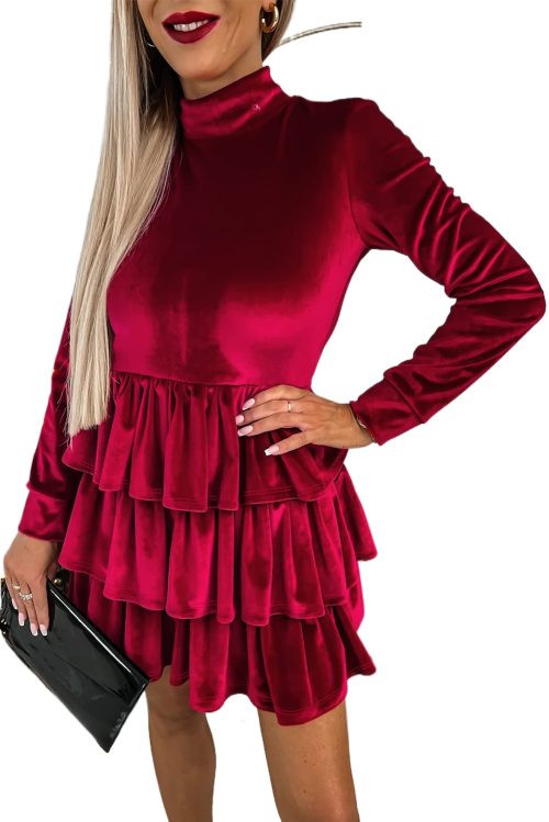 Women's Racing Red Velvet High Neck Tiered Ruffle Mini Dress for Elegant Nights