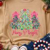 Women's Khaki Merry & Bright Christmas Tree Print Pullover Sweatshirt - Image 3
