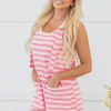 Women's Pink Stripe Knotted Strap Patched Pocket Casual Romper - Image 3