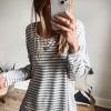 Women's Gray Stripe Oversized Long Sleeve Top with Drop Sleeves - Image 2