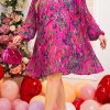 Women's Plus Size Rose Abstract Floral Print Pleated Dress with Puff Sleeves - Image 8