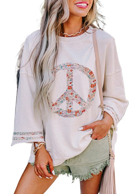 Women's Jet Stream Floral Peace Sign Graphic Drop Shoulder Casual Top