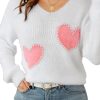 Women's White Pearl Beaded Heart Pattern Fuzzy V Neck Sweater for Daily Wear - Image 6