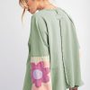 Women's Oversized Smoke Green Flower Patchwork Raglan Sleeve Long Sleeve Top - Image 2