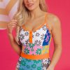 Women's Orange Floral Colorblock Spaghetti Strap Teddy Swimsuit with Padded Shelf Bra - Image 4