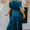 Women's Prussian Blue Velvet Short Sleeve Shirred Waist Tiered Maxi Dress - Elegant Boho Style - Image 2