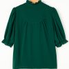 Elegant Women's Blackish Green Solid Blouse with Puff Sleeves and Frilled Trim - Image 6