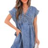 Women's Beau Blue Tie V Neck Denim Shift Dress with Tucking Detail and Pockets - Image 34