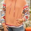 Women's Plus Size Khaki Aztec Patchwork Waffle Knit Hoodie with Drawstring - Image 9