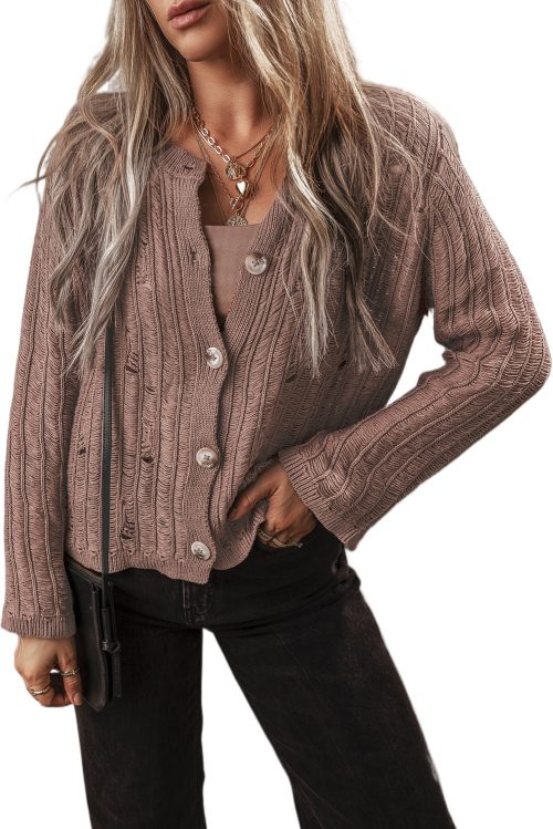 Women's Goat Cut Out Textured Knit Buttoned Cardigan - Chic and Cozy Style