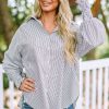 Women's Oversized Smocked Cuffed Striped Boyfriend Shirt with Pocket - Image 5