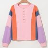 Women's Pink Colorblock Long Sleeve Henley Top with Button Detailing - Image 4