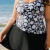 Black Plus Size Printed Square Neck Drawstring Ruffled Tankini Set for Women - Image 9